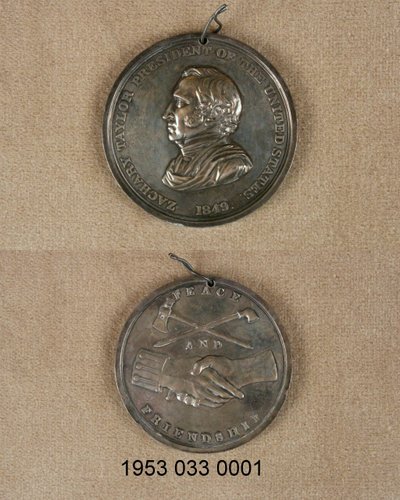 Silver Peace Medal: Obverse has Bust of Zachary Taylor, Reverse has Crossed Pipe and Hatchet above Clasped Hands, One with Uniform Cuff by Unknown